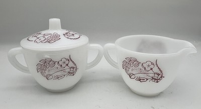 Vintage Federal White Milk Glass Burgundy Spree Cream And Sugar W/Lid 3 PC Set
