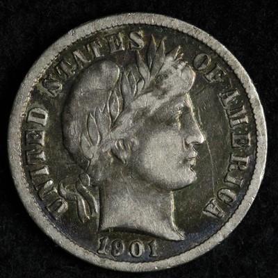 1901 Barber Siver Dime XF+/AU TONED E368 AOUB