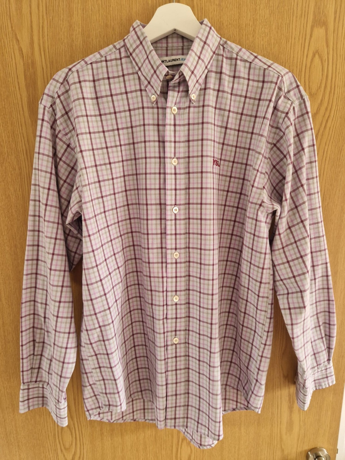 YSL Saint Laurent Jeans Viola a quadri Manica lunga Camicia media uomo