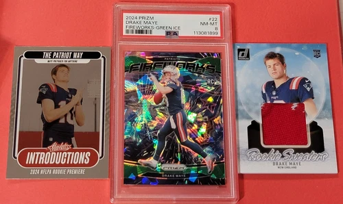 Drake Maye ROOKIE CARD GREEN PRIZM PSA 8 NM- MINT + ROOKIE SWEATER + ABSOLUTE RC