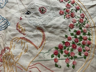 Antique 1920s Hand Embroidery Lady w Fan Flowers Rosebuds 24 x 18 Linen Doily