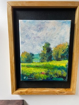 Peaceful Nature Scene Original Oil Painting Landscape Trees Open Field Framed
