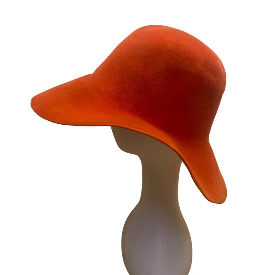 Premier Womens Orange Velour Floppy Hat Elegant Wide Brim Imported Vintage Style - Image 2 of 4