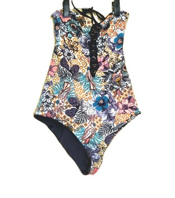 Maaji Reversible Shadow Dazzle Lace-Up One-Piece Swimsuit Sz Small Floral/Grey
