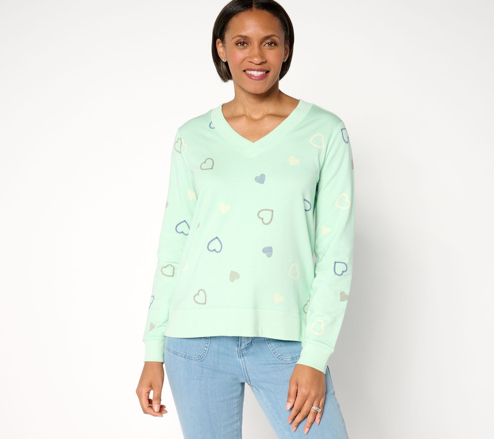 Spartina 449 Women's Top Sz S Cozy Knit French Terry Heart Printed Green A675265