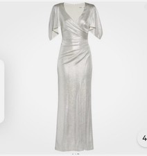 Eliza J Silver Ruched Side Evening Gown V-neck Flutter Sleeves Slit Size 8P