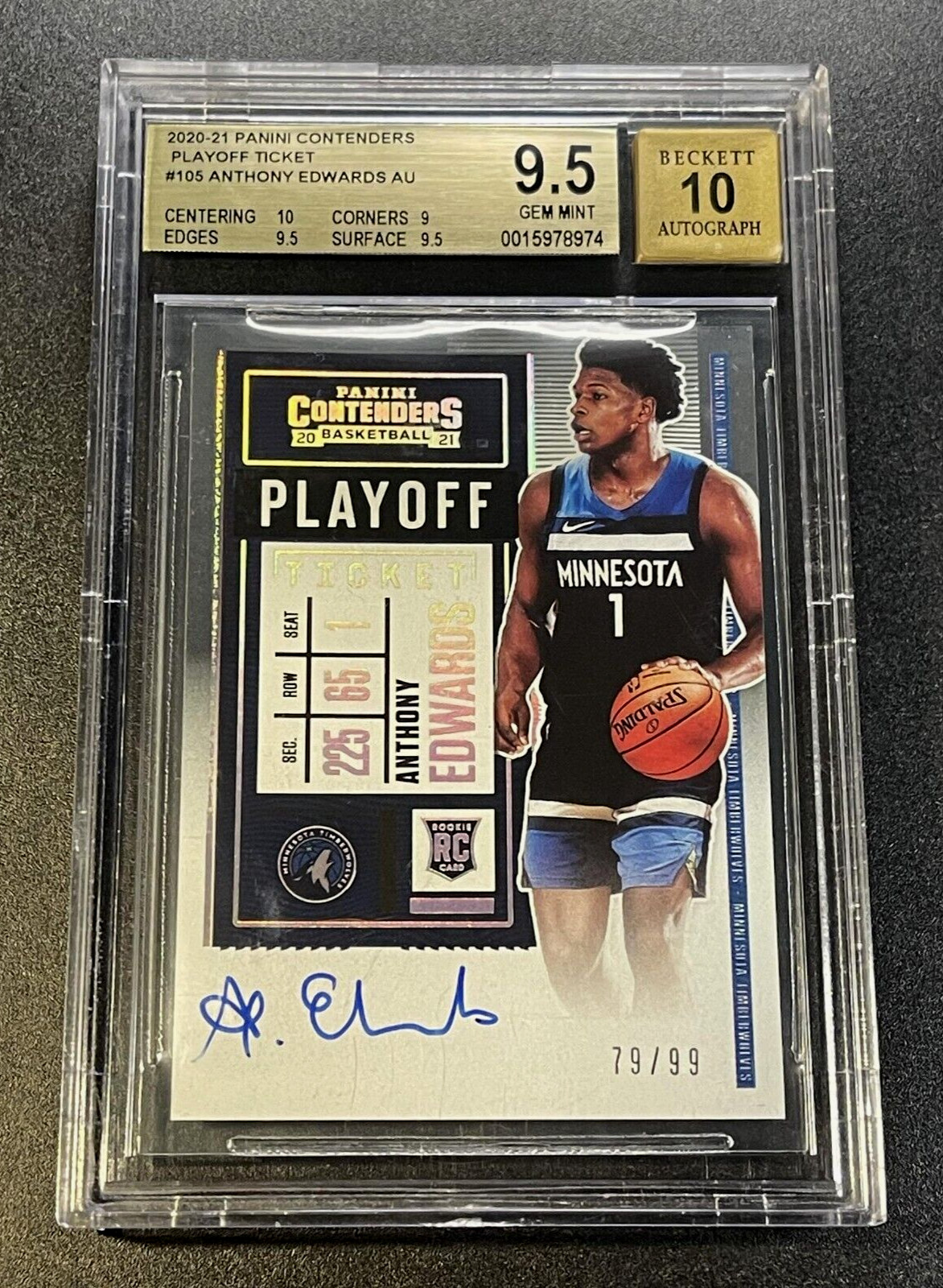 ANTHONY EDWARDS 2020 CONTENDERS PLAYOFF TICKET AUTO ROOKIE RC /99 BGS 9.5 10 GEM