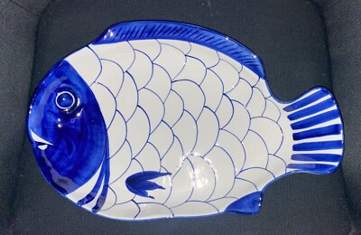 DANSK ARABESQUE 17  LARGE CERAMIC FISH PLATTER BLUE & WHITE MODEL DANARA