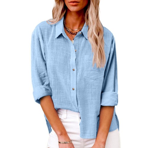 Womens Button Down Shirt Casual Long Sleeve Solid Color Loose Blouse with Pocket - Picture 21 of 29