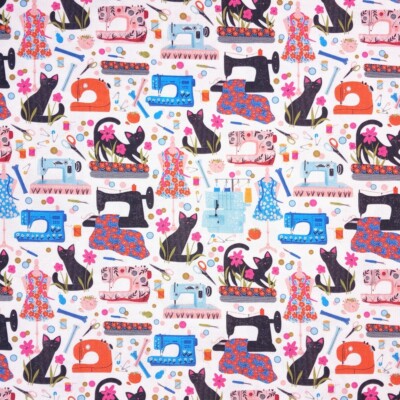 Nutex Machine Picture 100% Cotton Fabric Nutex Purrfect Stitches Crafty Cats Sewing Machine ...