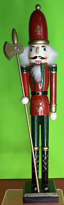 Queen Guard Nutcracker Dress in Red Green Gold Stripes Uniform wAx Hat 14''H Vtg