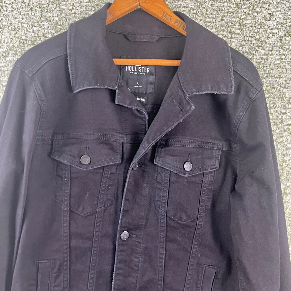 Hollister Bike Trucker Jacket Mens Small Black Long Sleeve Casual Epic Flex EUC - Image 2 of 4