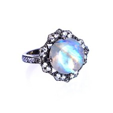 Natural Rainbow Moonstone Ring 925 Sterling Silver Black Rhodium Plated Jewelry