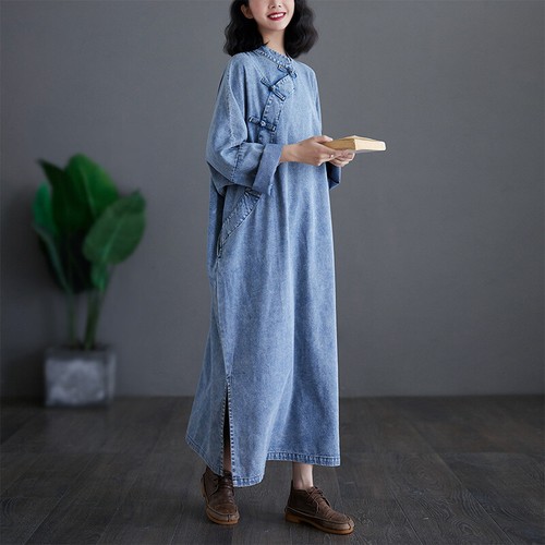Maxi abito donna oversize denim largo rana bottoni maniche lunghe spacco laterale casual - Foto 3 di 7