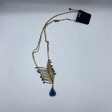 ZAD Blue Gold Tone Bead Pendent Necklace 30” New