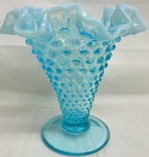 Fenton 5.5" Blue Hobnail Fluted Ruffled Opalescent Footed Vase Vintage