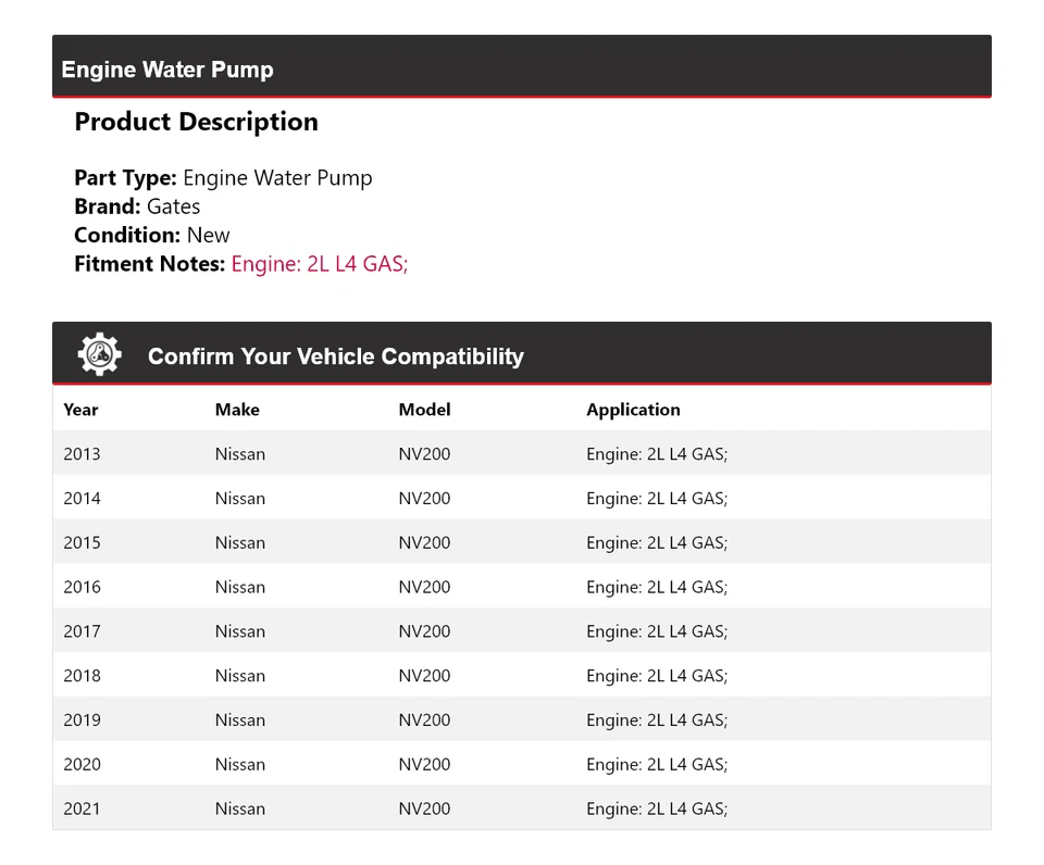 Para Nissan NV200 2013-2021 2L L4 Motor Gas Bomba Agua Puertas 2014 2015 2016 2017 Foto 2 de 4