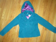 Jou Jou M Teal Slightly Fitted Button Removable Hooded Pea Coat Nwt Nice!