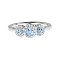 Round Natural Aquamarine Gemstone Three Stone Halo Ring 925 Sterling Silver