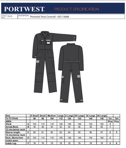 Portwest Texo Contrast Coverall Knee Pad Pockets Boilersuit Work Wear TX15 - Picture 2 of 8