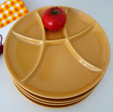 4 Fondueteller Raclette Antipasti Grill Teller Keramik gelb Vintage TOP