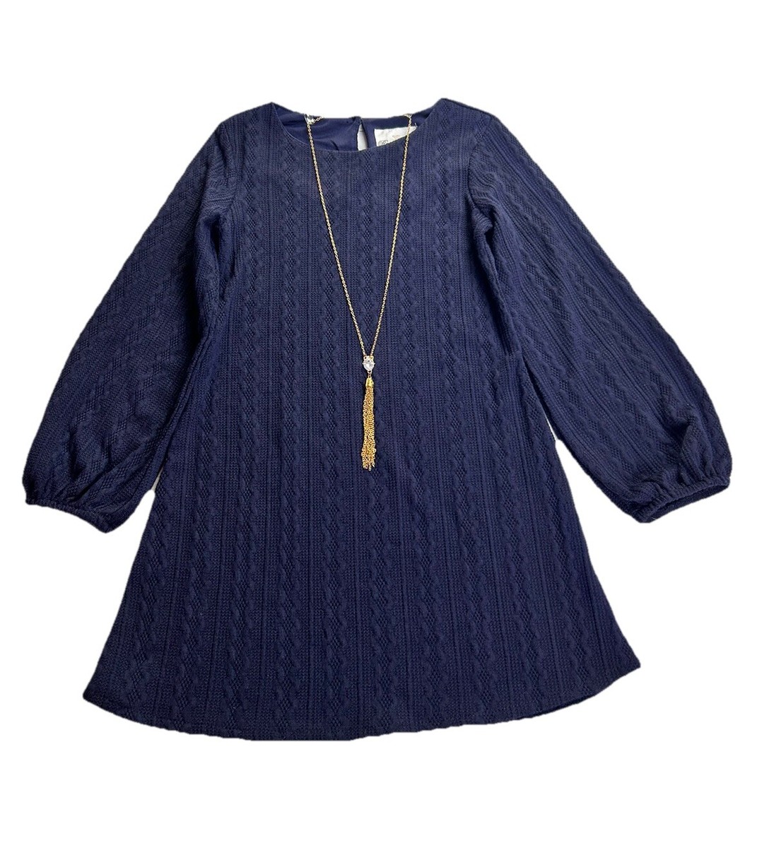 Rare Editions Girls Rib Cable Knit Dress with Necklace Navy Blue Soft Size  NWT