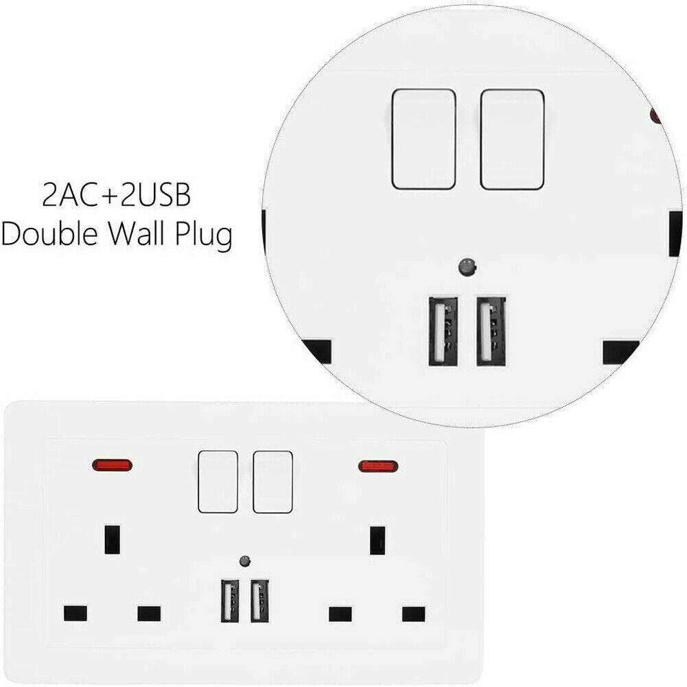 Double Wall Socket 13 Amp 2 Gang Switch USB Electric Charger Power Port