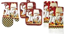 5 pc SET: 2 POT HOLDERS,1 OVEN MITT & 2 TOWELS, 2 FAT CHEFS IN KITCHEN by KC