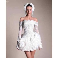 Mini Lace Appliques 3D Flowers Wedding Dress White Off Shoulder Long Sleeves