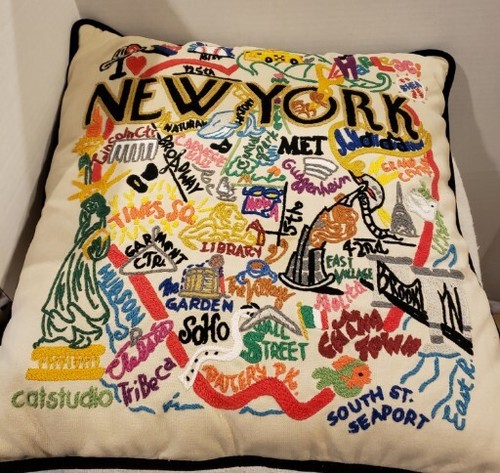 Vintage CatStudio "New York" City bestickt Dekokissen Made in USA 18" x 18"