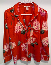 Victoria Secret Pajama Shirt Womens sz S Red Rose Collared Satin Long Sleeve Top
