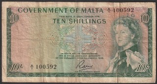 Malta Banknote Queen Elizabeth II Ten Shillings 10/ 8 July 1963