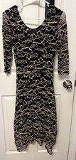 Black Beige Floral Lace Scoop Neck 3/4 Sleeve Fit & Flare Knee Dress S