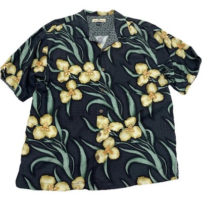 Tommy Bahama Silk Hawaiian Shirt Mens L Black Floral Tropical Island BeachPreppy