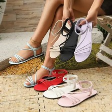 Women Gladiator Flat Sandals Summer Open Toe Candy Color Ankle Strap Beach Shoes