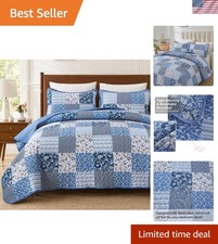 Soft Microfiber King Size Quilt Set - All Seasons Floral Patchwork in Blue Plaid