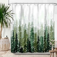 72x72 Inch Forest Shower Curtain Misty Nature Woodland Pine Tree Fog Green