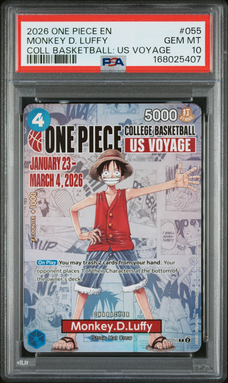 One Piece Monkey D. Luffy Promo 055 College Basketball Us Voyage PSA 10 Gem Mint