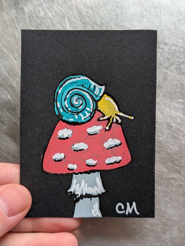 ACEO Original Cute Whimsical Mushroom Snail Hand Painted Black Paper Art Card