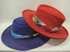 2 VTG Straw Hat Red~Purple One SZ~Wide Brim~USA Made~Golf~Beach-Retro-Florida