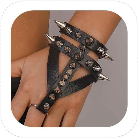 Punk Black Leather Bracelet with Spike Rivets Biker Studded Finger Cuff