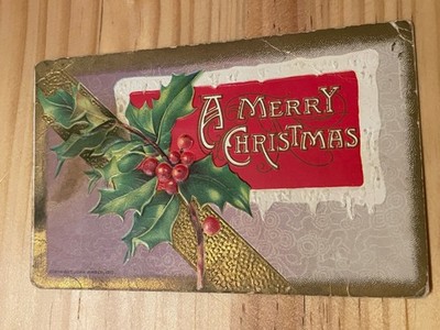 John Winsch 1910 Embossed Christmas Postcard A Merry Christmas Holly Gold Border