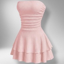 SHEIN Pink Waffle Knit Strapless Ruffle Mini Dress – Petite S