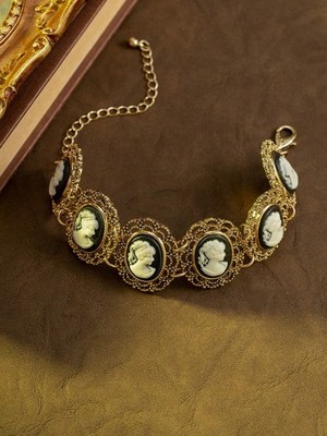 Vintage Black Cameo Portrait Bracelet Victorian Style Adjustable Link Unique