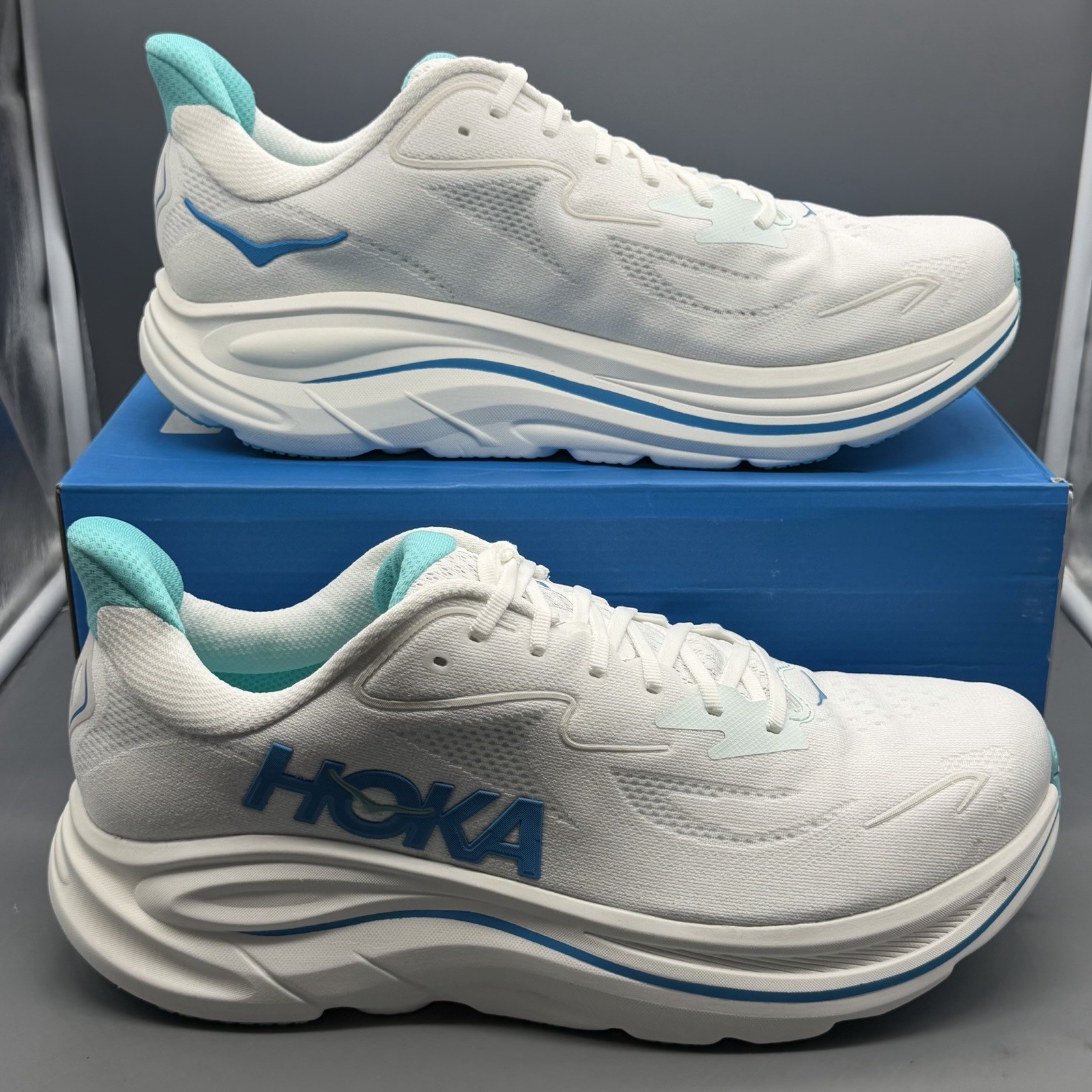 Hoka One One Clifton 10 Men’s 14 D Running Shoes Gym Training White Skyward Blue thumbnail 3