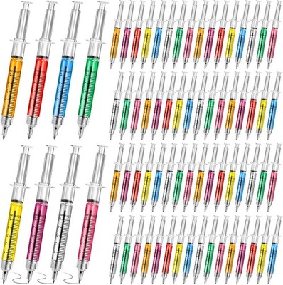 100 Pcs Syringe Retractable Nurse Pens Novelty Fun Multi Colors Medical Blood