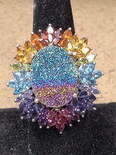 Rainbow Druzy Quartz Oval Ring Size 9