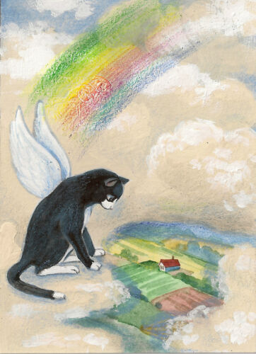 5x7 PRINT OF PAINTING RYTA TUXEDO CAT ANGEL RAINBOW BRIDGE FAIRY WHIMSICAL ART - Photo 1 sur 1