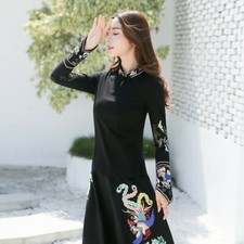 Ladies Chinese Floral Embroidery T-shirt Blouse Top Mandarin Collar Ethnic