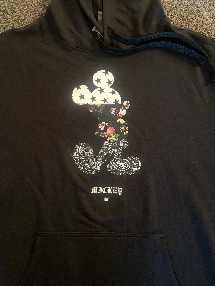 New Mickey Mouse Neff Sweater Mens L Black Hoodie Stars Bandana Floral Disney - Image 2 of 4